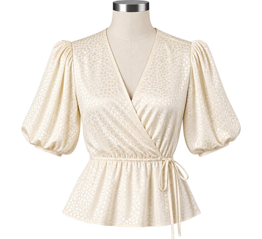 Rebecca Minkoff Mary Ivory Jacquard Satin Puff Sleeve Wrap Top - Size M